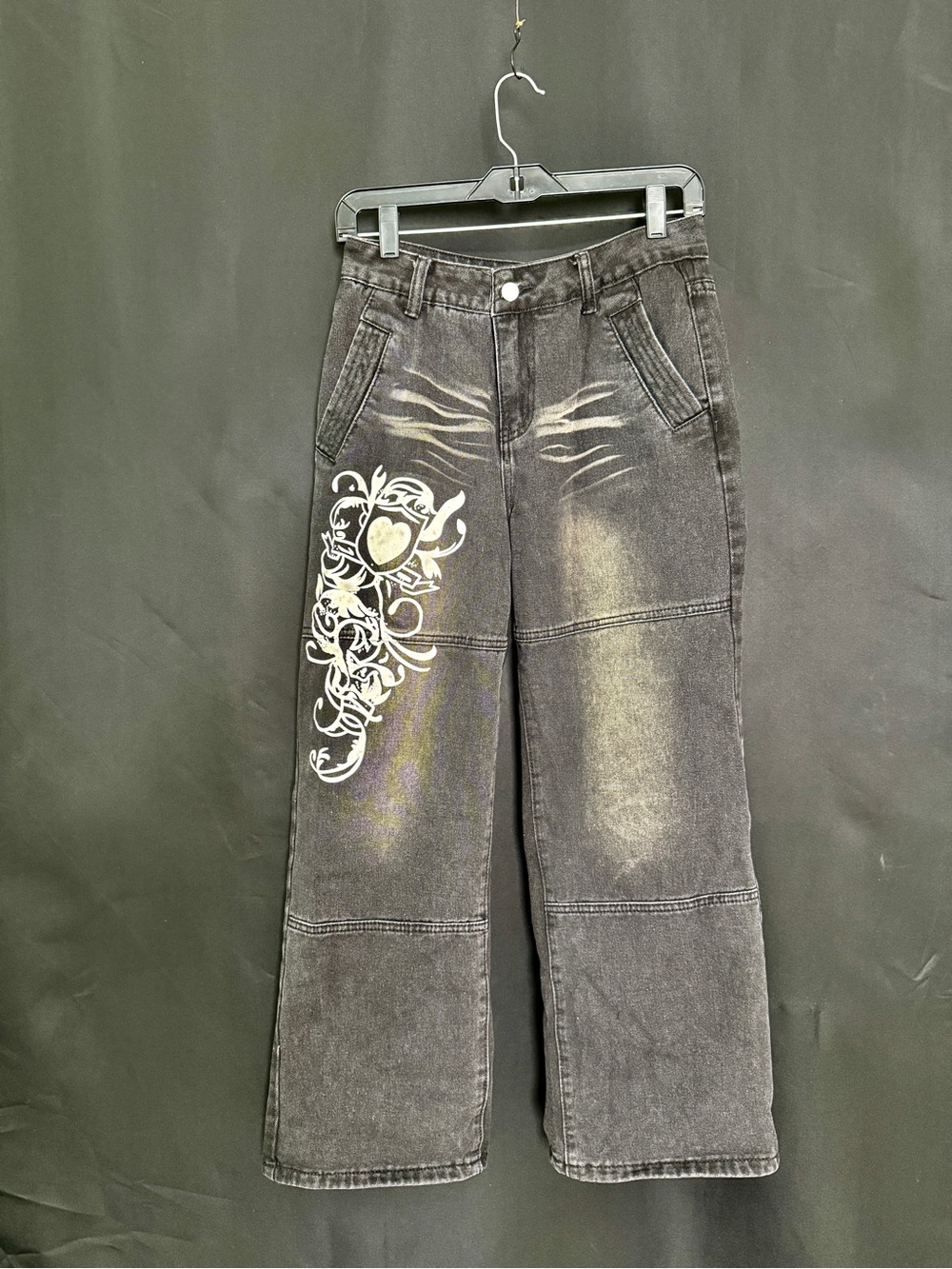 Black Washed Flare Jeans with White Graphic Detail